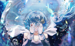 Rule 34 | 1girl, air bubble, blue hair, bubble, cape, closed eyes, covering face, elbow gloves, fish, fortissimo, gloves, h11 n2, hair ornament, hands up, highres, jellyfish, magical girl, mahou shoujo madoka magica, mahou shoujo madoka magica (anime), miki sayaka, musical note, musical note hair ornament, short hair, solo, underwater, upper body, white cape, white gloves