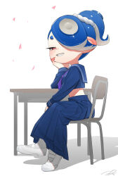 Rule 34 | 1girl, aged down, blue hair, blue sailor collar, blue serafuku, blue skirt, cephalopod eyes, chair, crop top, desk, falling petals, figure four sitting, full body, grin, hair over one eye, hand on own chin, head rest, high ponytail, highres, long hair, long skirt, looking at viewer, mary janes, midriff, neckerchief, nintendo, octoling, official alternate costume, on chair, one eye covered, pantyhose, petals, pink petals, pink pupils, pleated skirt, puchiman, purple neckerchief, raised eyebrows, red eyes, sailor collar, school chair, school desk, school uniform, serafuku, shiver (splatoon), shoes, short eyebrows, sitting, skirt, smile, solo, splatoon (series), splatoon 3, suction cups, swept bangs, tentacle hair, white background, white footwear, white pantyhose