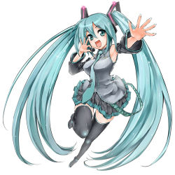 Rule 34 | 1girl, aqua eyes, aqua hair, breasts, detached sleeves, female focus, foreshortening, full body, hatsune miku, headset, legs, long hair, maruyama, necktie, simple background, skirt, solo, thighhighs, twintails, very long hair, vocaloid, white background, zettai ryouiki