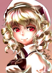 1girl absurdres bad_id bad_pixiv_id blonde_hair close-up drill_hair female_focus gagrim hat highres lips luna_child portrait red_eyes revision short_hair signature simple_background smile solo touhou upper_body