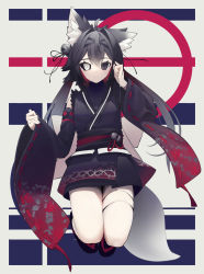 Rule 34 | 1girl, ahoge, animal ear fluff, animal ears, bare shoulders, bell, black eyes, black sclera, closed mouth, colored sclera, commission, detached sleeves, floral print, flower, fox ears, fox girl, fox tail, fur trim, gradient clothes, gradient hair, grey hair, hair bell, hair ornament, heterochromia, highres, long hair, multicolored hair, original, red hair, single bare shoulder, skeb commission, smile, solo, spider lily, tail, thigh strap, thorn print, tissuebox (artist), turtleneck, twintails, two-tone hair, white eyes, wide sleeves