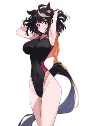Rule 34 | 1girl, absurdres, animal ears, arms behind head, black hair, black one-piece swimsuit, bob cut, breasts, commission, competition swimsuit, covered navel, feet out of frame, flower ornament, highleg, highleg swimsuit, highres, horse ears, horse girl, horse tail, kitasan black (umamusume), large breasts, medium hair, multicolored hair, one-piece swimsuit, red eyes, simple background, skeb commission, swimsuit, tail, two-tone hair, two-tone swimsuit, umamusume, white background, yorozuya (yoroz ryobi)