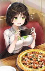 Rule 34 | + +, 1girl, :d, black hair, black skirt, bow, bowtie, breasts, cellphone, chair, collared shirt, commentary request, food, green bow, green bowtie, green eyes, hands up, highres, hiromaster sinta jh, holding, holding phone, indoors, large breasts, looking at phone, medium hair, notice lines, open mouth, original, phone, pizza, plaid, plaid bow, plaid bowtie, plaid neckwear, plaid skirt, pleated skirt, shirt, short sleeves, skirt, smartphone, smile, solo, table, teeth, upper teeth only, white shirt, wooden table