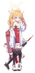 Rule 34 | 1girl, absurdres, ahoge, alternate costume, assault rifle, battle rifle, black thighhighs, blonde hair, blue archive, blush, brown eyes, christmas, closed mouth, collared shirt, dress, flat chest, fn scar, fn scar 17, full body, gun, hair ribbon, halo, highres, korean commentary, long sleeves, looking at viewer, medium hair, mnnnya, off shoulder, pink bag, red dress, ribbon, rifle, shirt, shoes, simple background, sneakers, solo, strapless, strapless dress, sweat, thighhighs, tube dress, twintails, weapon, white background, white footwear, white ribbon, white shirt, yoshimi (blue archive)