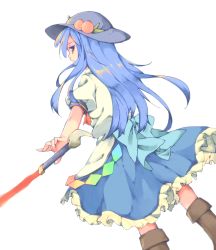 Rule 34 | 1girl, black headwear, blouse, blue hair, blue skirt, boots, brown footwear, closed mouth, cycloneyukari, food, frilled skirt, frills, fruit, hinanawi tenshi, leaf, long hair, looking at viewer, looking back, peach, petticoat, rainbow order, red eyes, shirt, simple background, skirt, solo, standing, sword of hisou, touhou, white background, white shirt