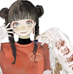 Rule 34 | 1girl, black hair, blunt bangs, blush, braid, closed mouth, commentary request, darico, double bun, earrings, eyeshadow, fingernails, grey eyes, hair bun, highres, jewelry, layered sleeves, long hair, long sleeves, looking at viewer, makeup, nail polish, original, print shirt, red eyeshadow, red lips, red nails, red shirt, shirt, short over long sleeves, short sleeves, simple background, sleeves past wrists, smile, solo, t-shirt, translation request, twin braids, upper body, white background, white sleeves, wide-eyed