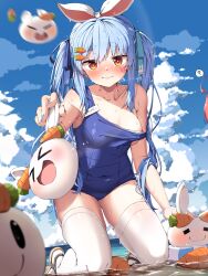 Rule 34 | &gt; &lt;, 2girls, ?, absurdres, ahoge, ama rei, animal ears, bare arms, bare shoulders, beach, blue nails, blue one-piece swimsuit, blue sky, breasts, carrot, carrot hair ornament, closed mouth, cloud, collarbone, commentary, commission, covered navel, day, facial tattoo, food-themed hair ornament, foreshortening, from below, gradient eyes, hair ornament, hair ribbon, highres, holding, hololive, kneeling, long hair, looking at viewer, medium breasts, multicolored eyes, multiple girls, nail polish, ocean, off shoulder, one-piece swimsuit, out of frame, outdoors, pekomon (usada pekora), pink hair, pixiv commission, rabbit-shaped pupils, rabbit ears, rabbit tattoo, red eyes, ribbon, sakura miko, school swimsuit, shallow water, short eyebrows, sidelocks, sky, solo focus, speech bubble, spoken question mark, swimsuit, symbol-shaped pupils, tattoo, thick eyebrows, thighhighs, thighs, twintails, usada pekora, virtual youtuber, water, wavy mouth, wet, white thighhighs