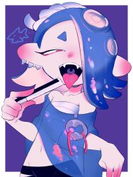 Rule 34 | 1girl, a (poipiku 325815), blue hair, border, chest sarashi, commentary request, earrings, fangs, folding fan, hachimaki, hair over one eye, half-closed eyes, hand fan, hand up, headband, holding, holding fan, jewelry, long hair, looking at viewer, multiple earrings, navel, nejiri hachimaki, nintendo, octoling, open mouth, purple background, red eyes, sarashi, shiver (splatoon), smile, solo, splatoon (series), splatoon 3, suction cups, tentacle hair, tongue, tongue out, white border