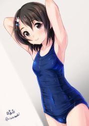 Rule 34 | 1girl, animal hair ornament, arms behind back, arms up, blue one-piece swimsuit, blush, breasts, brown eyes, brown hair, rabbit hair ornament, collarbone, hair ornament, hairclip, idolmaster, idolmaster cinderella girls, looking at viewer, niboboshi, one-piece swimsuit, parted lips, sasaki chie, school swimsuit, short hair, small breasts, smile, standing, swimsuit, teeth, wet