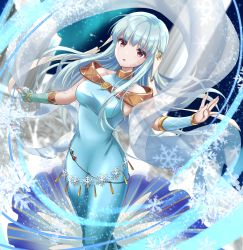 Rule 34 | 1girl, aqua hair, bare shoulders, belly chain, blue dress, collarbone, commission, cowboy shot, crying, crying with eyes open, detached sleeves, dress, fire emblem, fire emblem: the blazing blade, fire emblem heroes, highres, jewelry, kakiko210, long dress, long hair, looking at viewer, ninian (fire emblem), nintendo, open mouth, red eyes, skeb commission, sleeveless, sleeveless dress, snow, snowflakes, solo, tearing up, tears, veil