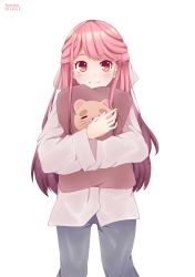 Rule 34 | 1girl, absurdres, blush, brown eyes, closed mouth, highres, holding, holding pillow, long hair, long sleeves, looking at viewer, md5 mismatch, pillow, pink hair, rachel bouvier, resolution mismatch, rin (shelter), shelter (song), smile, solo