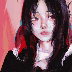 1girl black_hair commentary facing_viewer hair_ribbon kaguya-sama_wa_kokurasetai_~tensai-tachi_no_renai_zunousen~ looking_to_the_side parted_lips pluvium_grandis portrait realistic red_eyes red_ribbon ribbon shinomiya_kaguya sidelocks sideways_glance solo