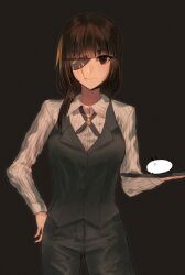 Rule 34 | 1girl, bartender, black background, brown eyes, brown hair, closed mouth, eyepatch, formal, girls&#039; frontline, highres, long hair, looking at viewer, m16a1 (girls&#039; frontline), mole, mole under eye, scar, shirt, suit, white shirt, xanax025
