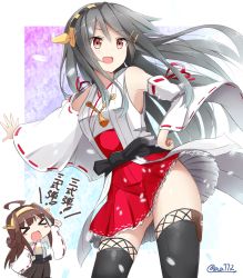 Rule 34 | &gt;:d, &gt; &lt;, 10s, 2girls, :d, a.a (aa772), ahoge, black hair, brown eyes, brown hair, closed eyes, hairband, hand on own hip, haruna (kancolle), japanese clothes, kantai collection, kongou (kancolle), long hair, multiple girls, nontraditional miko, open mouth, ribbon-trimmed sleeves, ribbon trim, smile, twitter username, v-shaped eyebrows