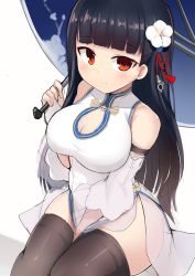 Rule 34 | 1girl, azur lane, bare shoulders, between legs, black hair, black thighhighs, blunt bangs, blush, breasts, china dress, chinese clothes, cleavage, cleavage cutout, clothing cutout, curvy, detached sleeves, dress, hair ribbon, hand between legs, hip focus, large breasts, long hair, looking at viewer, oil-paper umbrella, red eyes, ribbon, side slit, sitting, smile, solo, tatuyayosi, thick thighs, thighhighs, thighs, umbrella, very long hair, white dress, wide hips, yat sen (azur lane)
