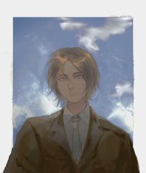 Rule 34 | 1boy, blue eyes, blue sky, border, brown hair, brown jacket, chinese commentary, cloud, collared shirt, commentary request, eren yeager, expressionless, highres, jacket, looking up, male focus, necktie, outdoors, outside border, parted lips, ramiica, shingeki no kyojin, shirt, short hair, sky, solo, upper body, white border, white necktie, white shirt