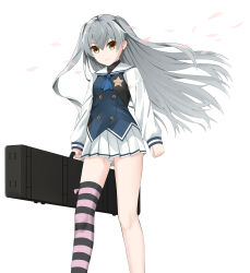 Rule 34 | 1girl, bag, black bag, blue neckerchief, breasts, cameltoe, chinese commentary, clenched hand, closed mouth, commentary request, earrings, eyes visible through hair, feet out of frame, floating hair, from below, frown, gluteal fold, grey hair, grisaia (series), grisaia phantom trigger, hair between eyes, highres, holding, holding bag, jewelry, long hair, looking at viewer, miniskirt, neckerchief, panties, panty peek, pleated skirt, qumai79, school uniform, serafuku, serious, shirt, shishigaya touka, simple background, single thighhigh, skirt, sleeves past wrists, small breasts, solo, standing, striped clothes, striped thighhighs, stud earrings, thighhighs, two-tone vest, two side up, underwear, very long hair, white background, white panties, white shirt, white skirt, wind, wind lift, yellow eyes, zettai ryouiki