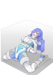 1girl absurdres ball_gag bdsm bodysuit bondage bound box breasts cameltoe gag grey_hair highres in_box in_container large_breasts long_hair medium_breasts original restrained see-through_clothes skin_tight stationary_restraints x-ray xiongmao yellow_eyes