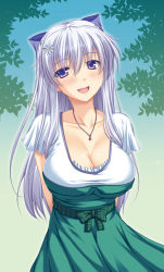 Rule 34 | 1girl, :d, arms behind back, blush, breasts, cleavage, collarbone, dress, hair ornament, jewelry, large breasts, long hair, looking at viewer, miyai sen, necklace, open mouth, original, purple eyes, silver hair, smile, solo