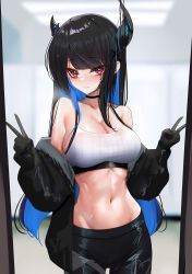 Rule 34 | 1girl, absurdres, bare shoulders, black choker, black hair, blue hair, breasts, choker, cleavage, closed mouth, collarbone, colored inner hair, demon horns, double v, hands up, highres, hololive, hololive english, horns, large breasts, long hair, looking at viewer, midriff, mirror, multicolored hair, navel, nerissa ravencroft, nerissa ravencroft (1st costume), pants, red eyes, reflection, rifufu, solo, sports bra, stomach, sweat, two-tone hair, v, virtual youtuber, yoga pants