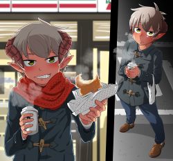 Rule 34 | 1boy, blush, child, demon, demon boy, food, highres, horns, kaminosaki, looking at viewer, male focus, multiple views, outdoors, pov, silver hair, size difference, tan, yellow eyes