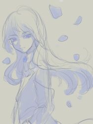 Rule 34 | 1girl, ado (utaite), blue eyes, chando (ado), closed mouth, cloud nine inc, commentary, falling petals, floating hair, flower brooch, highres, long hair, looking at viewer, mole, mole under eye, monochrome, petals, simple background, sketch, solo, spot color, upper body, utaite, yurosuke