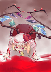 Rule 34 | 1girl, all fours, blonde hair, blood, blood on arm, blouse, female focus, flandre scarlet, full body, gradient background, hat, licking, mob cap, ponytail, ribbon, shirt, sinzan, solo, touhou, white hat, white shirt, wings