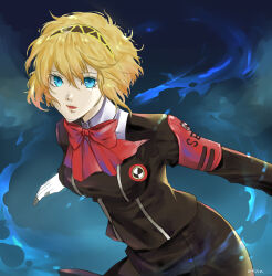 Rule 34 | 1girl, aegis (persona), aura, blonde hair, blue eyes, bow, bowtie, breasts, commentary request, eyelashes, gekkoukan high school uniform, gloves, hair between eyes, highres, looking at viewer, maxrise s, medium breasts, open mouth, persona, persona 3, persona 3 reload, red bow, red bowtie, school uniform, short hair, solo, white gloves