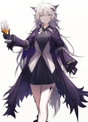 Rule 34 | 1girl, animal ears, arknights, black coat, black dress, closed eyes, coat, commentary request, cup, dress, drinking glass, facing viewer, feet out of frame, hair ornament, hairclip, highres, holding, holding cup, kiyakyuu, lappland (arknights), lappland (refined horrormare) (arknights), long coat, long hair, long sleeves, material growth, oripathy lesion (arknights), short dress, simple background, solo, standing, very long hair, white background, white hair, wine glass, wolf ears