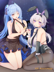 Rule 34 | 2girls, animal ears, azur lane, backless leotard, bare shoulders, black dress, black leotard, blue hair, breasts, center opening, champagne flute, cocktail dress, cup, dress, drinking glass, elbow gloves, essex (azur lane), essex (craft fairytail) (azur lane), evening gown, fake animal ears, full body, gloves, halter dress, halterneck, high-low skirt, highres, huge breasts, kneeling, large breasts, leotard, leotard under clothes, light blue hair, long hair, looking at viewer, mechanical hands, multiple girls, nao (naobinarydigit), official alternate costume, one eye closed, pantyhose, playboy bunny, rabbit ears, reno (azur lane), reno (reno bunnino) (azur lane), sagging breasts, see-through, see-through shirt, side-tie leotard, single elbow glove, single mechanical hand, sleeveless, sleeveless dress, twintails, very long hair
