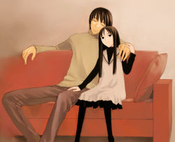 Rule 34 | black eyes, black hair, black legwear, blood alone, brown background, child, couch, dress, hand on another&#039;s thigh, head tilt, kuroe kurose, leaning on person, leaning to the side, long hair, misaki minato, non-web source, pantyhose, red upholstery, sitting, sleeping, turtleneck