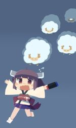 Rule 34 | 1girl, absurdres, ahoge, blunt bangs, blush stickers, brown eyes, brown hair, chasing, chibi, fleeing, floating hair, flying sweatdrops, grey background, handheld game console, headgear, highres, holding, holding handheld game console, japanese clothes, kimono, konohoshi, long sleeves, nintendo switch, no shoes, obi, obiage, obijime, open mouth, outstretched arms, pleated skirt, purple skirt, running, sash, sheep, short kimono, simple background, skirt, socks, solo, spread arms, touhoku kiritan, voiceroid, wavy mouth, white kimono, white socks