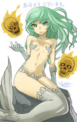 Rule 34 | 1girl, 2021, breasts, commentary request, fire, flaming skull, green eyes, green hair, grey tail, grey thighhighs, highres, long hair, mermaid, mermaid (megami tensei), monster girl, oyster (artist), parted lips, rock, scales, shin megami tensei, shin megami tensei v, signature, simple background, sitting, skull, small breasts, solo, thighhighs, translation request, very long hair, webbed hands, white background