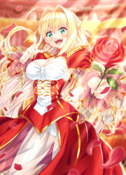 Rule 34 | 1girl, :d, absurdres, ahoge, blonde hair, blush, breasts, calzooone, cleavage, commentary request, epaulettes, fate/extra, fate (series), flower, green eyes, hair intakes, highres, holding, holding flower, large breasts, long hair, long sleeves, looking at viewer, nero claudius (fate), nero claudius (fate) (all), nero claudius (fate/extra), open mouth, petals, red flower, red rose, rose, smile, solo, standing, teeth, v