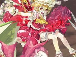 Rule 34 | 119, 1girl, blonde hair, female focus, flandre scarlet, frilled socks, frilled vest, frills, hair between eyes, hat, mob cap, open mouth, outstretched arm, outstretched hand, red eyes, short hair, socks, solo, touhou, vest, white hat, white socks