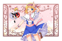 Rule 34 | 1girl, :o, alice margatroid, apple, arm up, blonde hair, blue dress, blue eyes, bobby socks, capelet, clothes lift, doll, doll joints, dress, female focus, flower, food, fruit, hair ribbon, hand on own head, headband, joints, leaf, looking back, mitsuki, one eye closed, open hand, open mouth, outstretched arm, pink background, ribbon, sash, shanghai doll, shoes, short hair, short sleeves, skirt, skirt lift, socks, solo, standing, standing on one leg, star (symbol), teeth, touhou, wink, wrist cuffs, yano mitsuki (nanairo)