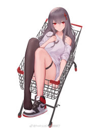 Rule 34 | 1girl, black thighhighs, breasts, cross, feet, hair ornament, highres, latin cross, long hair, lying, off shoulder, on back, original, pre (preecho), red eyes, shirt, shoes, shopping cart, sidelocks, simple background, single shoe, single thighhigh, small breasts, smile, sneakers, solo, t-shirt, thigh strap, thighhighs, weibo watermark, white background