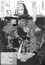Rule 34 | 1girl, big belly, breasts, candy, casual sex, cellphone, food, headress, highres, japanese text, large breasts, legs apart, lollipop, monochrome, nun, habit, pee, peeing, phone, restrained, shirabe shiki, smartphone, stomach bulge, tentacle monster, tentacle sex, tentacles, thighhighs, torn clothes, translation request