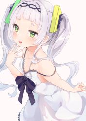 Rule 34 | 1girl, alternate eye color, arm behind back, bare shoulders, blunt bangs, blush, collarbone, commentary request, dress, fingernails, from side, green eyes, hair intakes, hairband, highres, hololive, kashuu (pixiv 66328082), long hair, looking at viewer, murasaki shion, ojou-sama pose, parted lips, short eyebrows, sidelocks, silver hair, smile, smug, solo, strap slip, sundress, triangle hair ornament, twintails, virtual youtuber, white dress