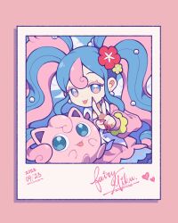 Rule 34 | 1girl, blue eyes, blue hair, blue skirt, character name, commentary, creatures (company), dated, earrings, english commentary, fairy miku (project voltage), flower, game freak, gen 1 pokemon, hair flower, hair ornament, hand up, hatsune miku, heart, highres, jewelry, jigglypuff, long hair, long sleeves, looking at viewer, multicolored hair, nail polish, neckerchief, nintendo, pink background, pink hair, pink sweater, pokemon, pokemon (creature), polaroid, project voltage, red nails, scrunchie, skirt, smile, sweater, tongue, tongue out, twintails, two-tone hair, v, very long hair, vocaloid, vysaries, white neckerchief