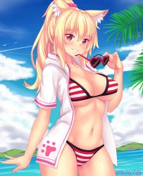 Rule 34 | 1girl, animal ear fluff, animal ears, bikini, blonde hair, blue sky, breasts, cat ears, cleavage, cloud, day, highres, holding, holding removed eyewear, jacket, large breasts, long hair, looking at viewer, nottytiffy, open clothes, open jacket, original, outdoors, ponytail, red eyes, sky, smile, solo, standing, striped bikini, striped clothes, sunglasses, swimsuit, tiffy (nottytiffy), unworn eyewear, water