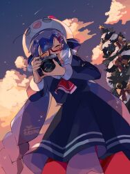 Rule 34 | 1girl, :d, artist name, blue dress, blue hair, blush, camera, christmas tree, closed eyes, cloud, dress, eel hat, from below, fukomo, gradient hair, hat, long hair, long sleeves, multicolored hair, open mouth, otomachi una, outdoors, pink hair, pov, smile, solo, star (sky), taking picture, very long hair, vocaloid, white hat