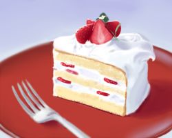 Rule 34 | cake, cake slice, commentary request, food, food focus, fork, fruit, icing, isaki (gomi), no humans, original, plate, still life, strawberry, strawberry shortcake
