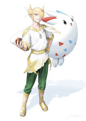 Rule 34 | 1boy, blonde hair, clothing cutout, collarbone, commentary request, creatures (company), game freak, gen 4 pokemon, green pants, grey eyes, grin, hair over one eye, hand on own hip, hand up, holding, holding poke ball, jewelry, male focus, necklace, nintendo, pants, poke ball, poke ball (legends), pokemon, pokemon (creature), pokemon legends: arceus, sandals, sawaco (sawaco520), shirt, shoulder cutout, signature, smile, standing, toes, togekiss, volo (pokemon), white shirt