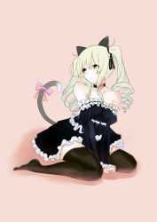 Rule 34 | 1girl, animal ears, bare shoulders, cat tail, choker, highres, kagerou (shadowmage), long hair, original, simple background, solo, tail, thighhighs