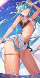 Rule 34 | absurdres, adapted costume, adjusting eyewear, aqua eyes, aqua hair, arched back, bare arms, bikini, bikini under shorts, bird, blue sky, breasts, cloud, contrapposto, double bun, eyewear on head, fisheye, flag, hair bun, hatsune miku, highleg, highleg bikini, highres, holding, holding flag, inubangarou, leglet, lens flare, long hair, looking at viewer, medium breasts, midriff, narrow waist, navel, ocean, one eye closed, racing miku, racing miku (2023), scrunchie, sea spray, seagull, short shorts, shorts, sky, smile, sparkle, sunglasses, swimsuit, tan, thick thighs, thighs, toned female, tongue, tongue out, twintails, two-tone bikini, very long hair, vocaloid, wading, water drop, wavy mouth, white shorts, wrist scrunchie