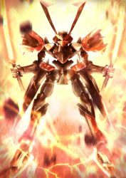 Rule 34 | absurdres, dual wielding, electricity, fire, full body, gundam, gundam 00, highres, holding, holding sword, holding weapon, looking at viewer, mecha, mobile suit, robot, solo, straight-on, susanoo (gundam), sword, taka-f, v-fin, weapon