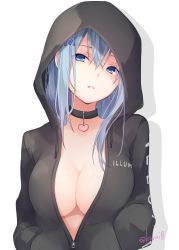 Rule 34 | 1girl, blue eyes, blue hair, blush, breasts, choker, cleavage, clothes writing, collarbone, emori miku, hair between eyes, hair ornament, hands in pockets, head tilt, heart, heart choker, highres, hood, hood up, kuroi (liar-player), large breasts, liver city, long hair, looking at viewer, no bra, parka, parted lips, partially unzipped, smile, solo, twitter username, upper body