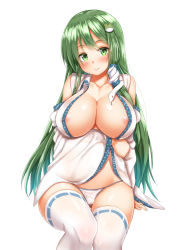 Rule 34 | 1girl, bare shoulders, blush, breast hold, breasts, closed mouth, collarbone, detached sleeves, ebi 193, frog hair ornament, green eyes, green hair, hair ornament, hair tubes, head tilt, kochiya sanae, large breasts, long hair, looking at viewer, nipples, no bra, no pants, open clothes, open shirt, panties, ribbon-trimmed legwear, ribbon trim, shirt, simple background, sitting, smile, snake hair ornament, solo, thighhighs, touhou, underwear, white background, white panties, white thighhighs