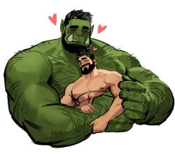 Rule 34 | 2boys, abs, afterglow, arm hair, back hair, bara, beard, between pecs, between pectorals, blush, chest hair, chin rest, closed eyes, colored skin, completely nude, couple, cropped legs, cuddling, dopey (dopq), facial hair, green skin, hairy, head between pecs, head on head, head rest, highres, interspecies, large hands, large pectorals, loving aura, male focus, mature male, monster boy, multiple boys, muscular, muscular male, nipples, nude, orc, original, pectorals, pointy ears, short hair, sideburns, size difference, stomach, tusks, white background, yaoi